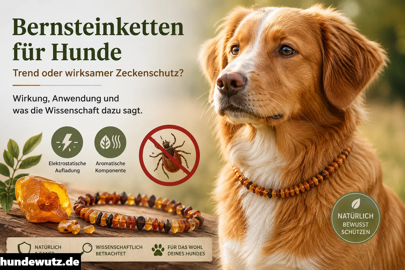 Hund mit Bernsteinkette im Freien als Symbolbild für natürlichen Zeckenschutz und wissenschaftliche Analyse von Bernsteinketten für Hunde.