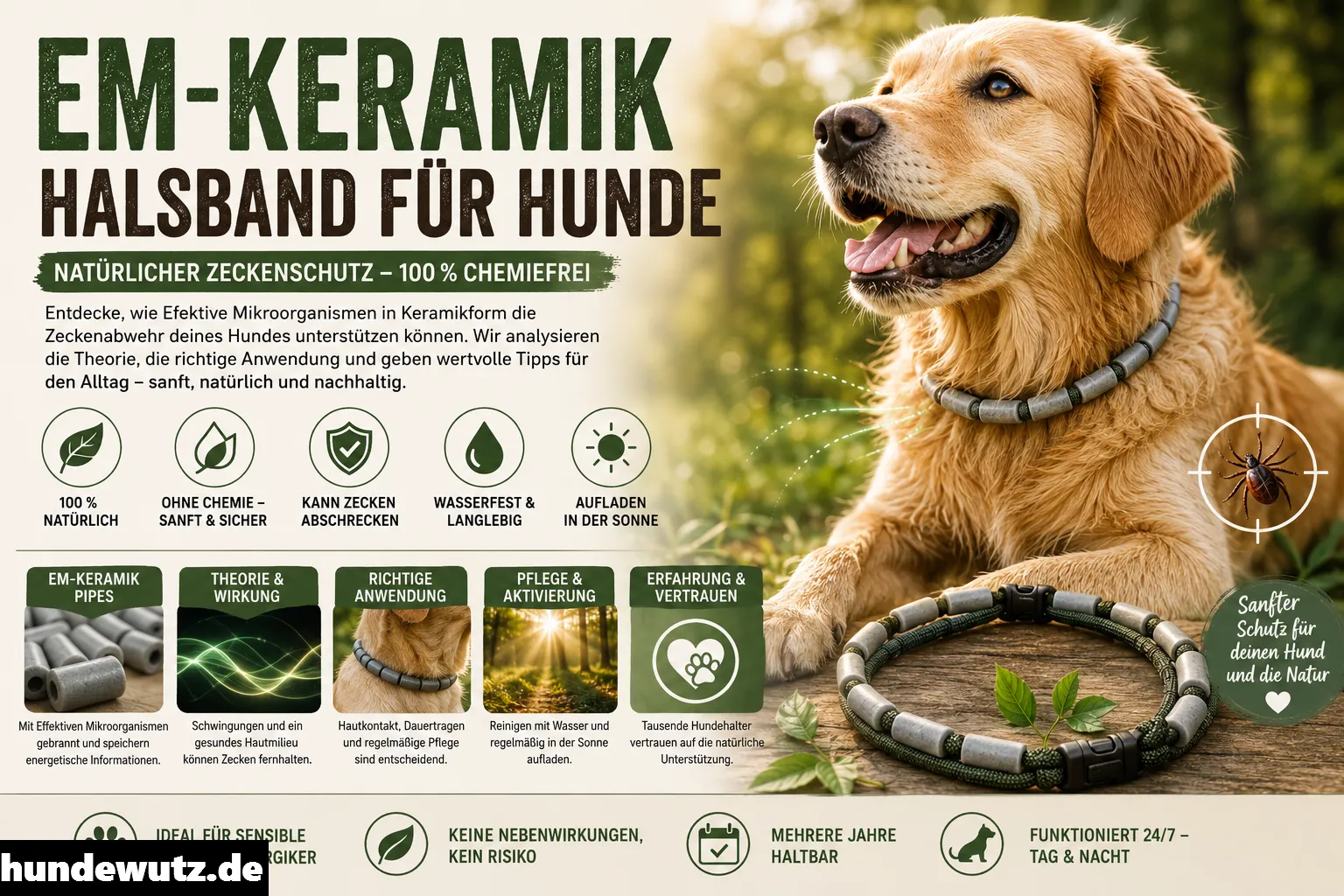 Ein goldener Retriever trägt ein buntes EM Keramik Halsband für Hunde im Garten.