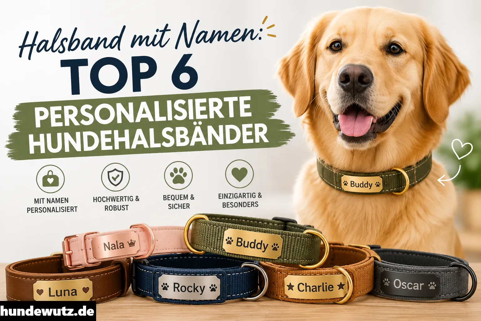 Golden Retriever mit personalisiertem Hundehalsband und mehreren gravierten Hundehalsbändern mit Namen in verschiedenen Farben und Designs.