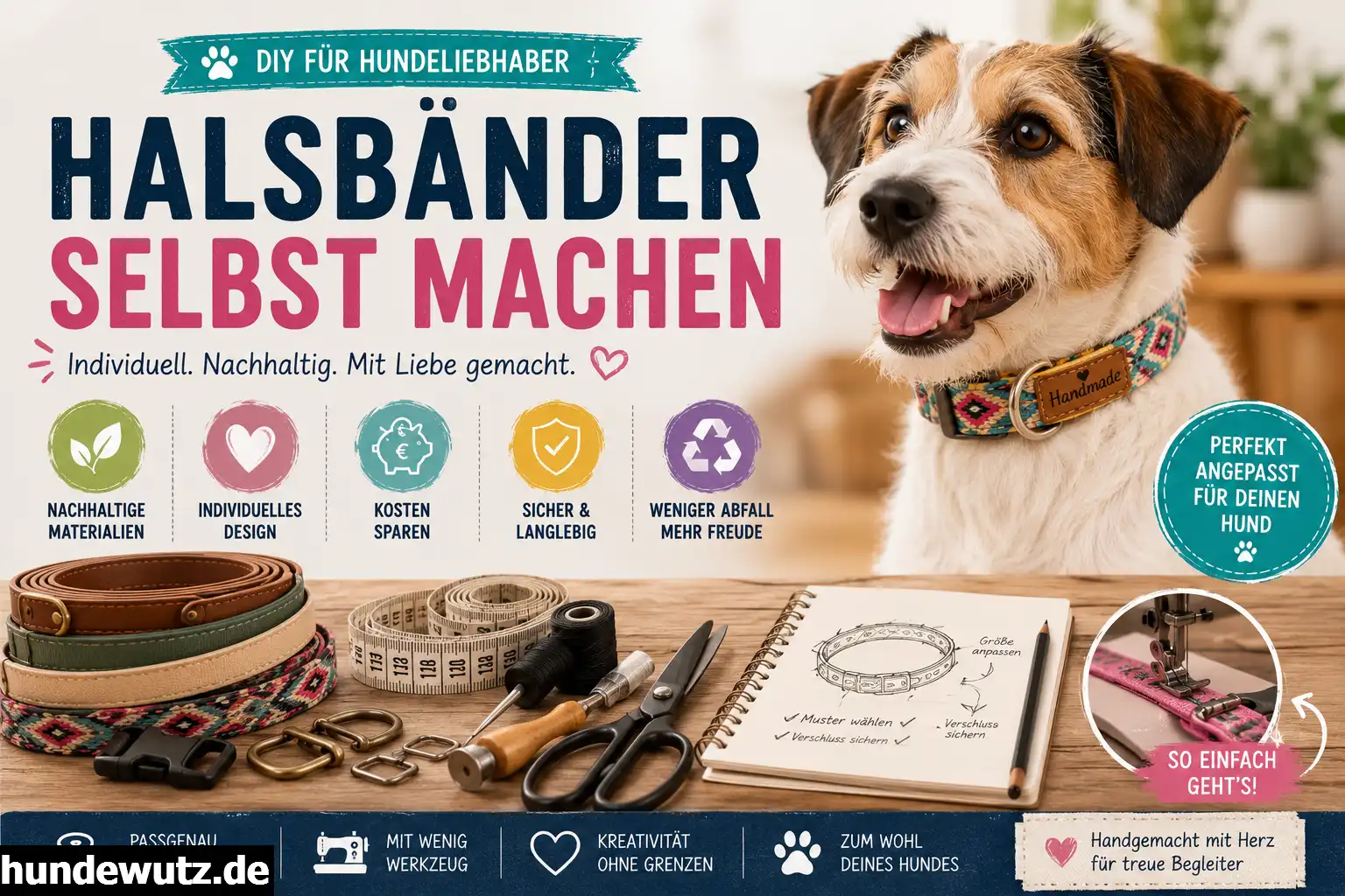 „Selbstgemachtes Hundehalsband aus Leder und Stoff mit Werkzeugen für DIY-Anleitung“
