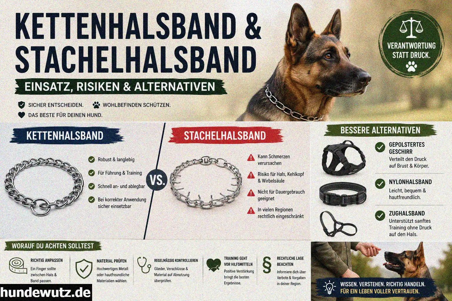 Ein breites, weich gepolstertes Hundehalsband aus Leder neben einem ergonomischen Brustgeschirr auf hellem Hintergrund.