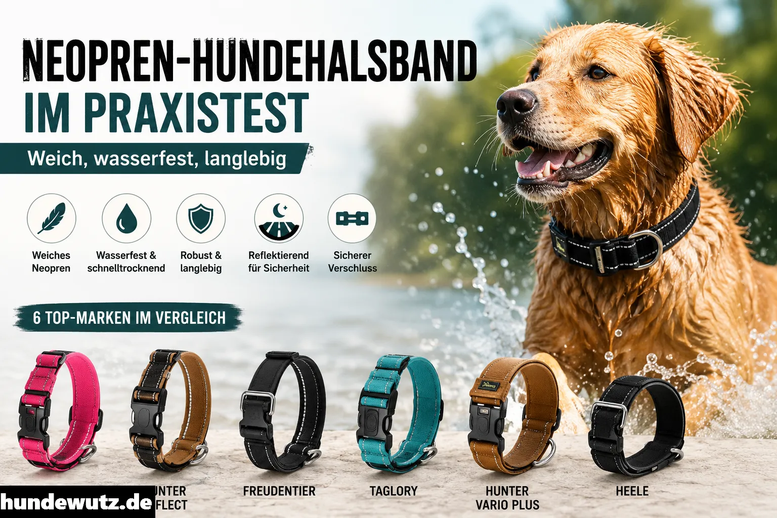 Ein Hund mit einem blauen Neopren Halsband am Strand (Wasser Halsbänder Test).