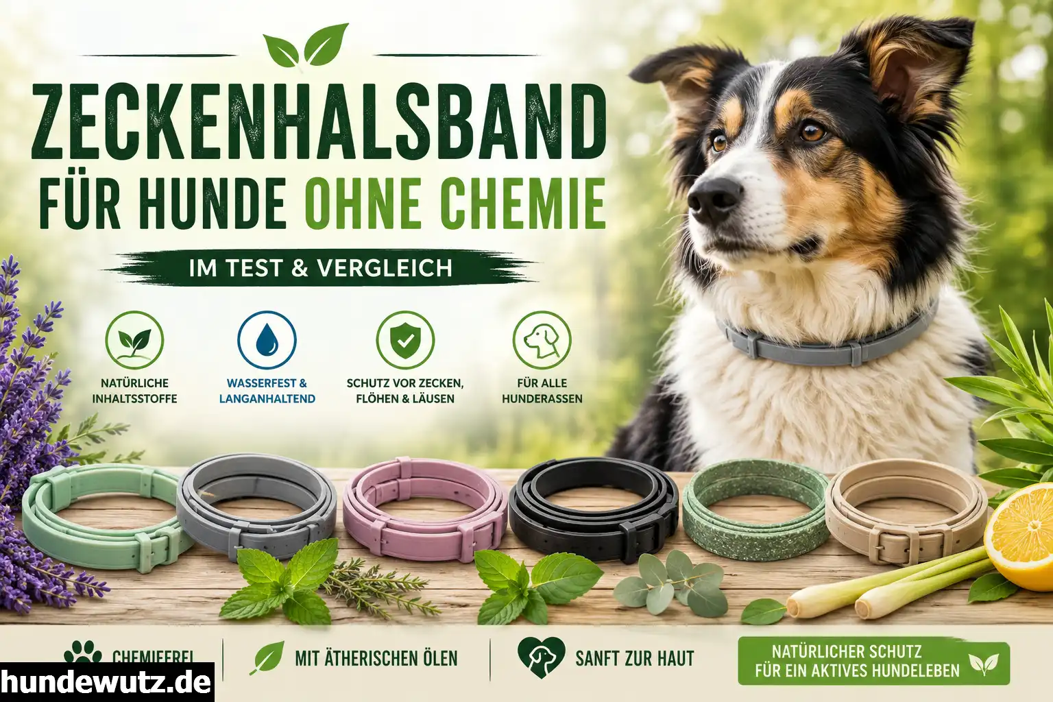 Natürliche Zeckenhalsbänder für Hunde ohne Chemie im Vergleich mit verschiedenen wasserfesten Modellen und Hund im Wald