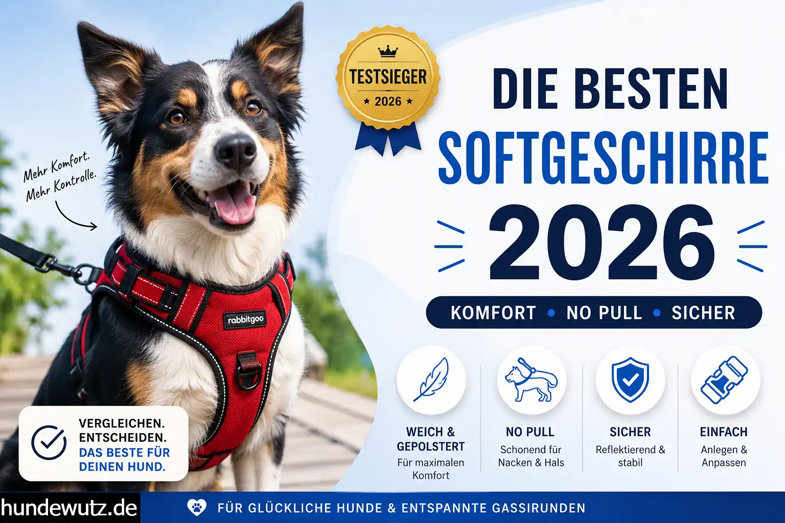 Ein Hund trägt ein ergonomisch gepolstertes Softgeschirr im Test
