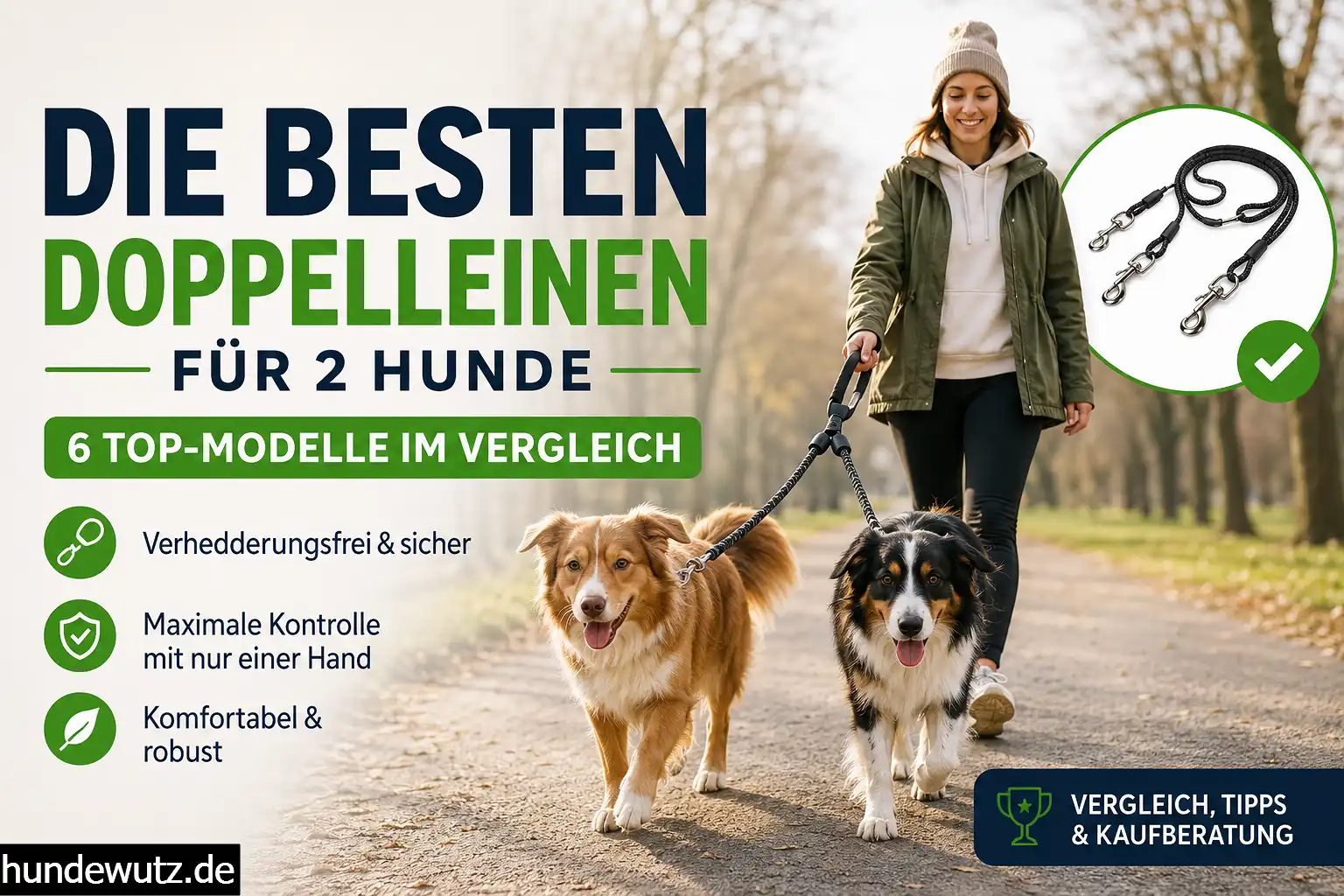 Zwei Hunde laufen entspannt nebeneinander an einer stabilen Doppelleine