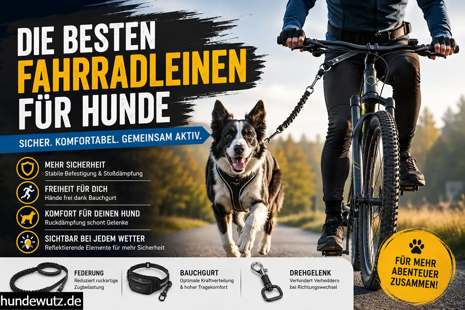 Ein großer Hund läuft sicher neben einem Fahrrad mit der dobar Walky Dog Plus Fahrradleine