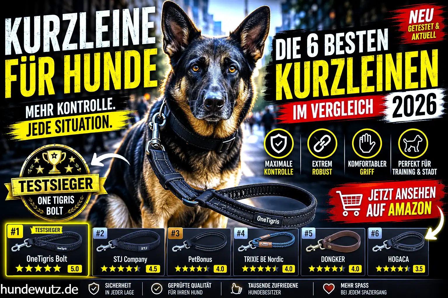 Ein Hund wird an einer kurzen Leine sicher durch die Stadt geführt