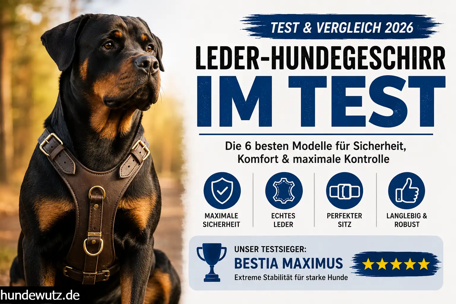 Rottweiler mit hochwertigem Leder-Hundegeschirr im Test und Vergleich 2026