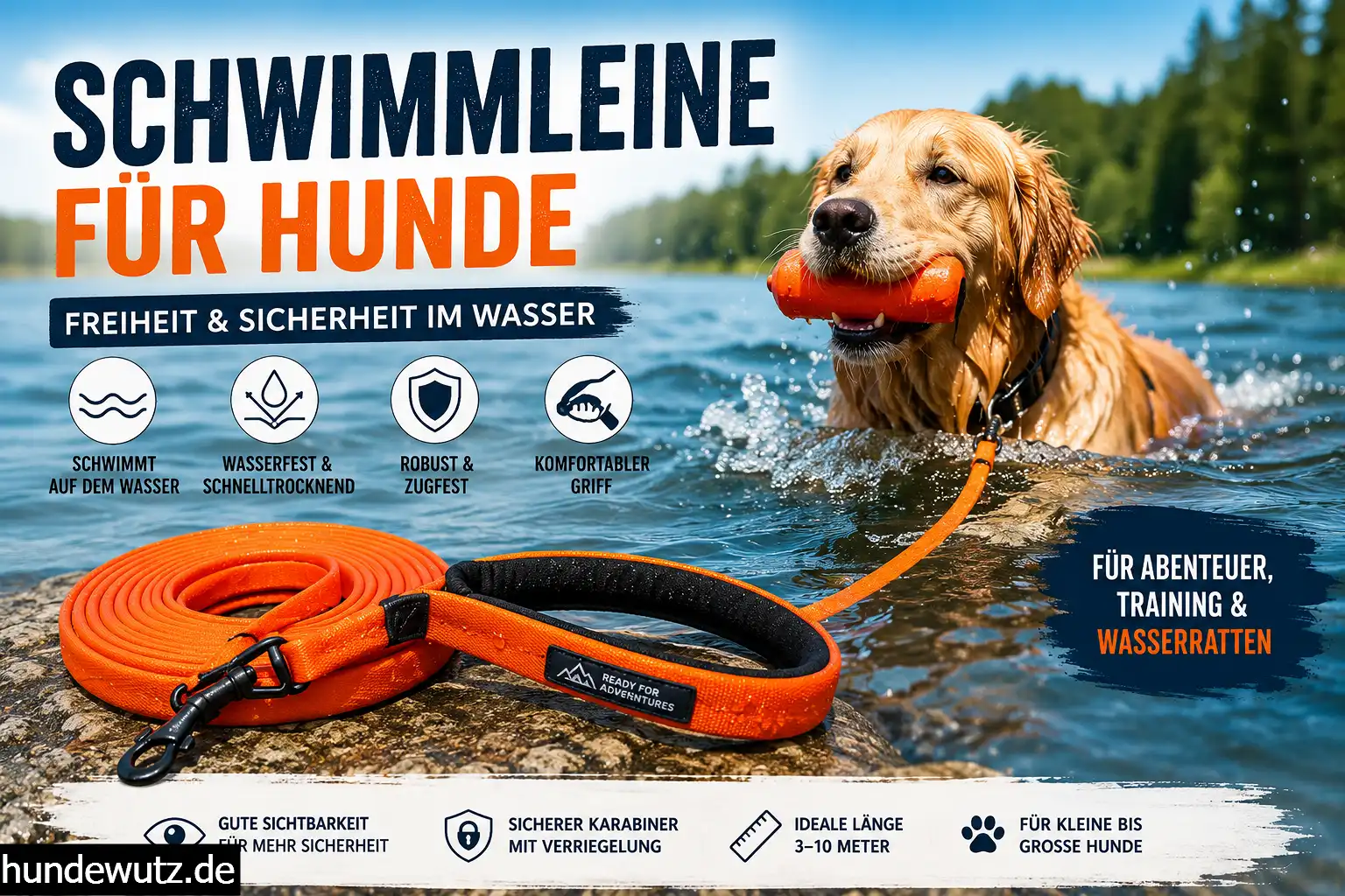 Golden Retriever schwimmt im See mit orangefarbener Schwimmleine für Hunde, wasserfeste Hundeleine im Outdoor-Test, Fokus auf Sicherheit und Kontrolle im Wasser
