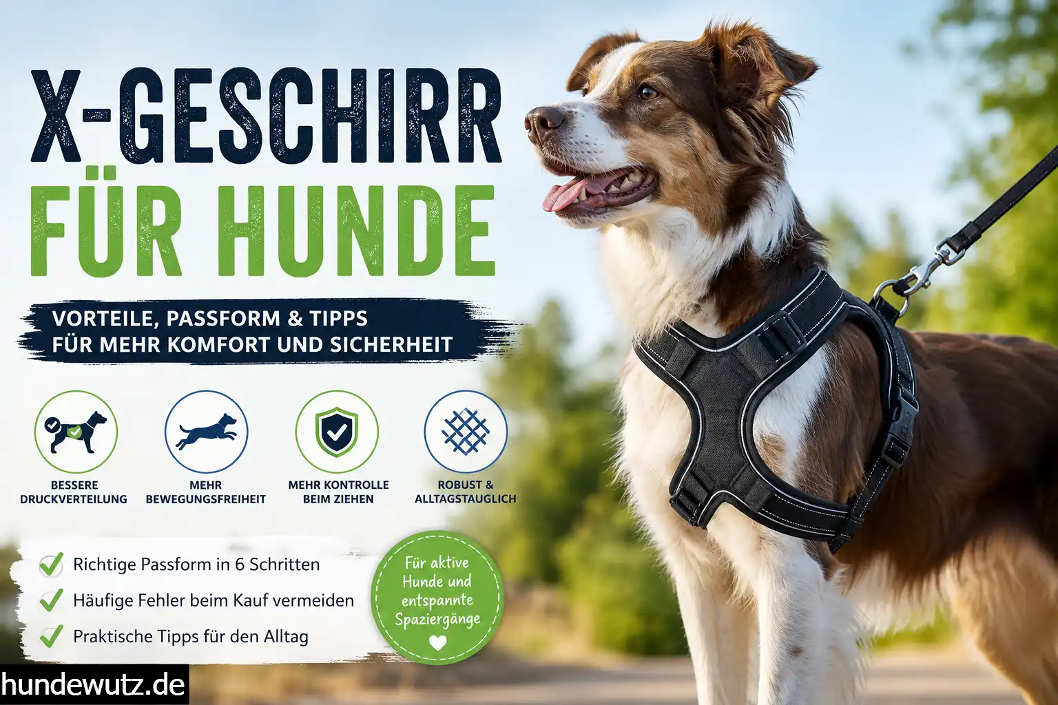 Hund mit schwarzem X-Geschirr im Freien – optimale Druckverteilung, hohe Bewegungsfreiheit und mehr Kontrolle beim Spaziergang.